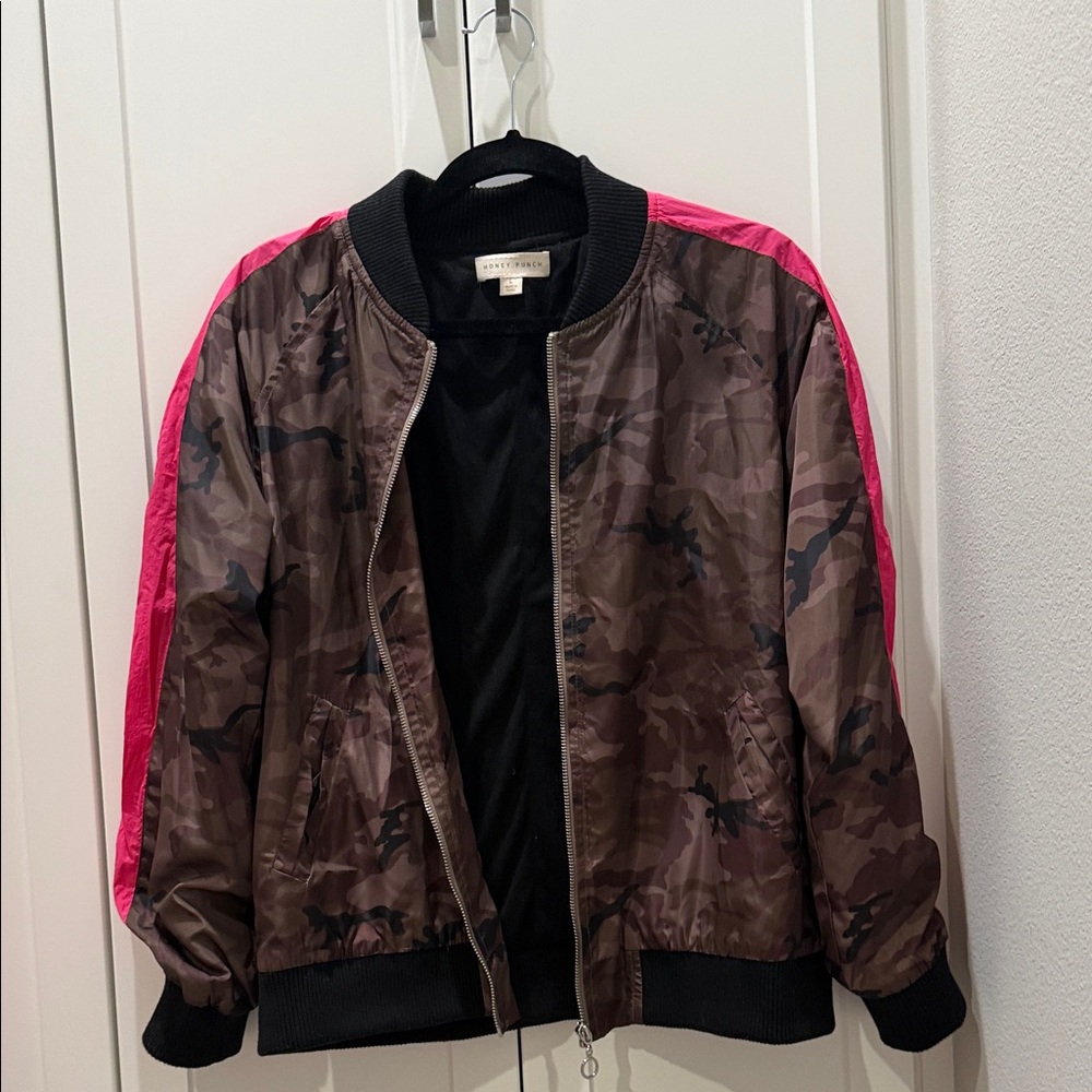 Large Camo Bomber Jacket with Pink Accent stipe on Arms